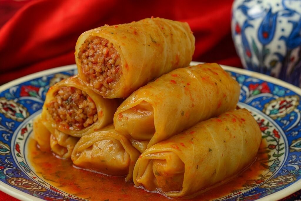 Ароматни зелеви сарми с булгур и подправки, поднесени в ориенталски стил върху традиционна чиния с топъл сос и турски декоративни елементи наоколо.