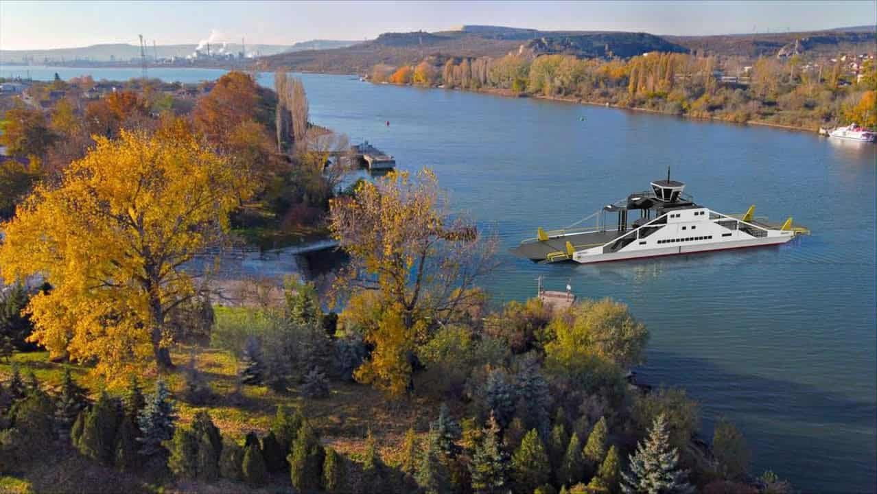 Концептуално изображение на нов ферибот с модерни навигационни системи и визуализация за работа при мъгла.