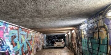 Бял автомобил, застинал вътре в графити подлез близо до спирка „8-ми декември“ във Варна; причините за ситуацията не са ясни.