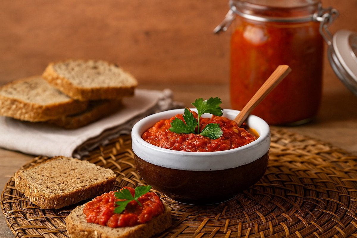 Купичка с домашен айвар – традиционен балкански сос от печени чушки и патладжан, поднесен върху дървена маса с филии хляб, зелена подправка и балкански декоративни елементи