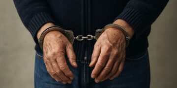 Ръцете на възрастен мъж, закопчани с метални белезници зад гърба му.