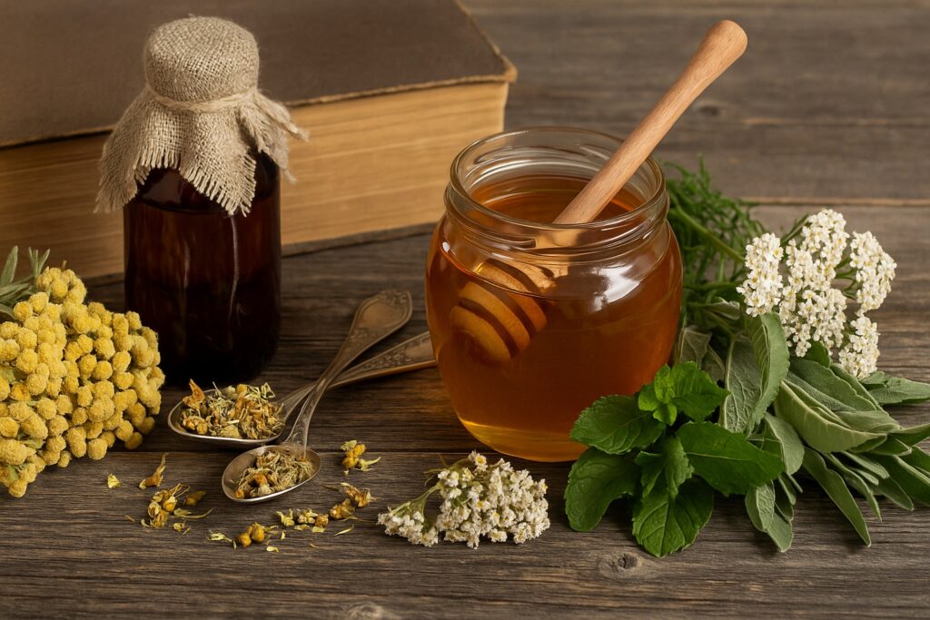 Купа с мед, билки и сушени растения върху дървена маса – естествени съставки за лечение на кашлица и настинка по методите на Петър Димков.