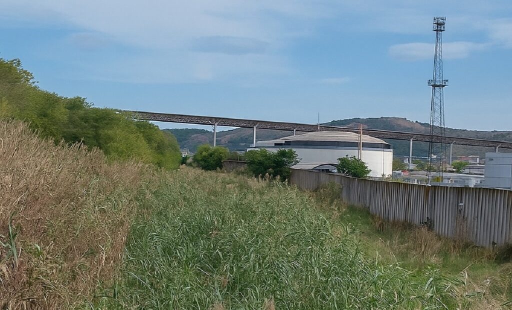 Обрасъл с тръстика участък от Белия канал в Девня, до индустриална зона с резервоари и метална ограда, под ясно синьо небе.