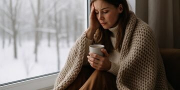 Млада жена, увита в топло одеяло, седи до прозорец в студен зимен ден и държи топла чаша чай, изглежда уморена и замислена.