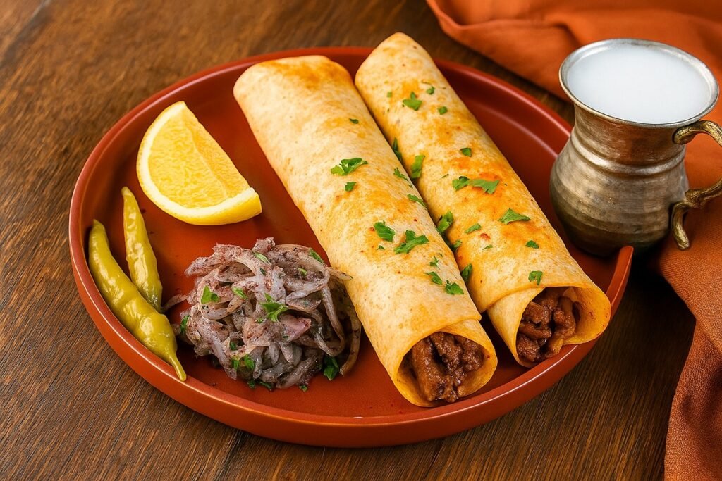 Традиционен турски тантуни, поднесен в тънък лаваш с парченца месо, люта туршия и резени лимон, до чаша айрян в меден съд – сервирано в типичен турски стил върху дървена маса.