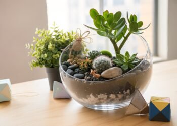 тилен домашен терариум в стъклен съд с декоративни растения, мъхове и камъчета, подреден върху светъл фон