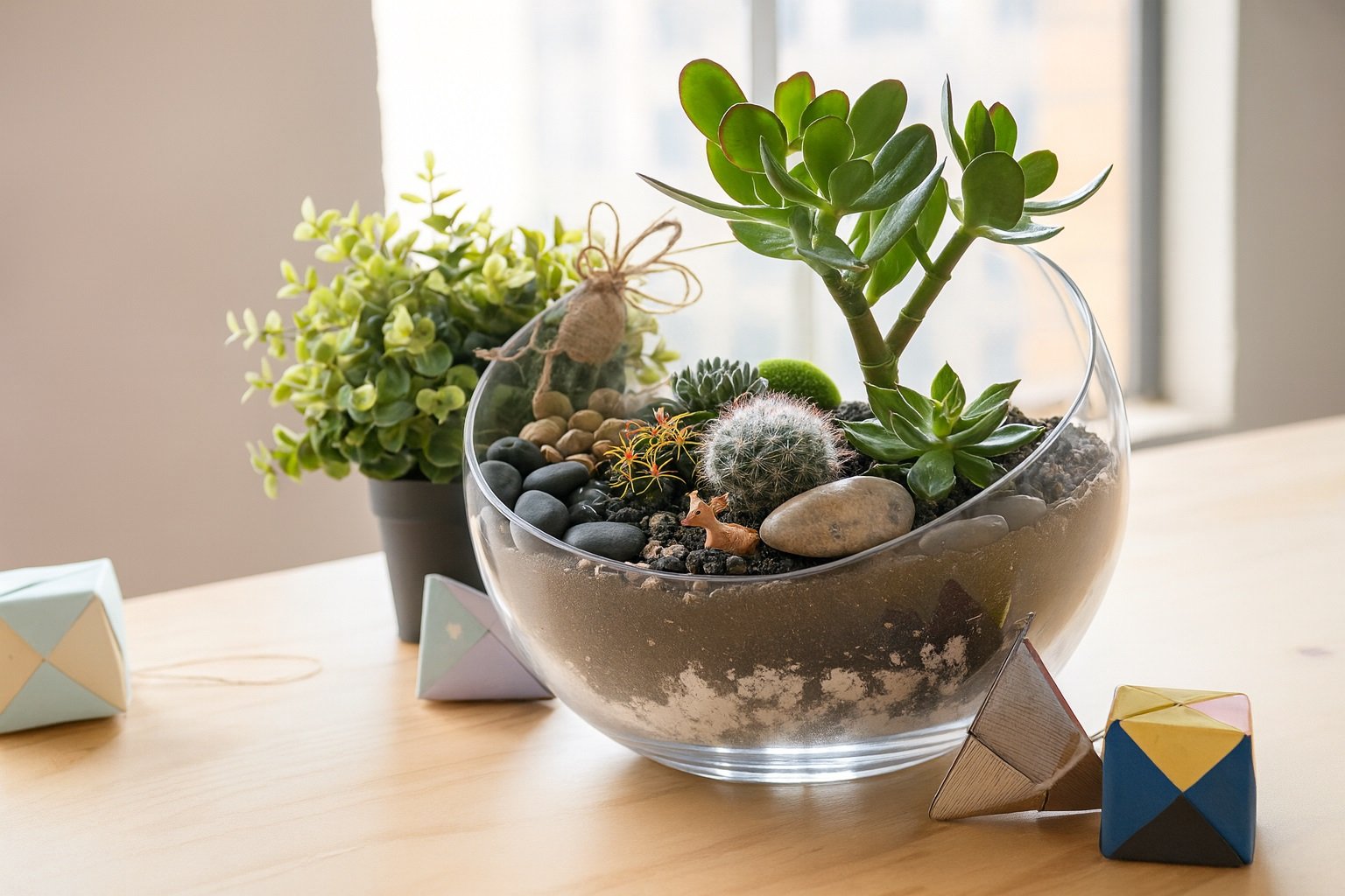 тилен домашен терариум в стъклен съд с декоративни растения, мъхове и камъчета, подреден върху светъл фон