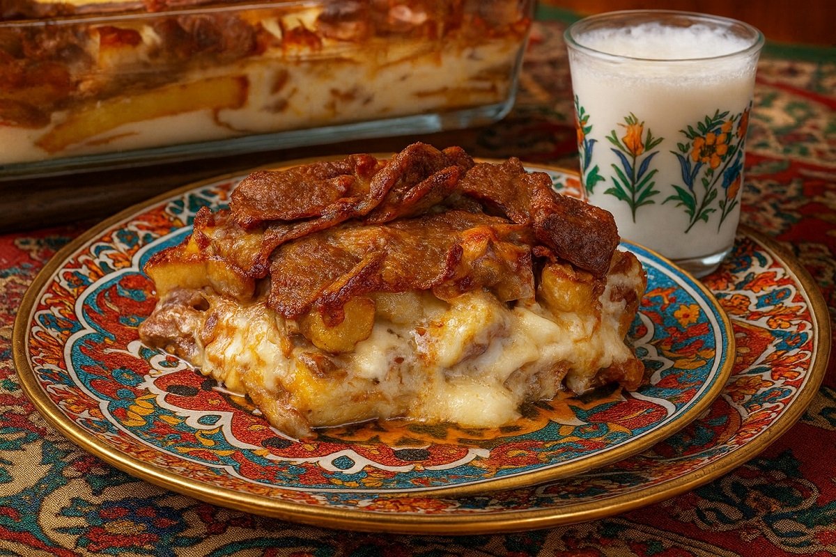 Апетитно парче ориенталска запеканка с месо и картофи, сервирано върху декоративна турска чиния, придружено от чаша айрян на традиционна шарена покривка.