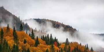 Мъглива есенна планина с гъсти облаци над цветни гори в жълто и оранжево, символизираща динамично есенно време в България.