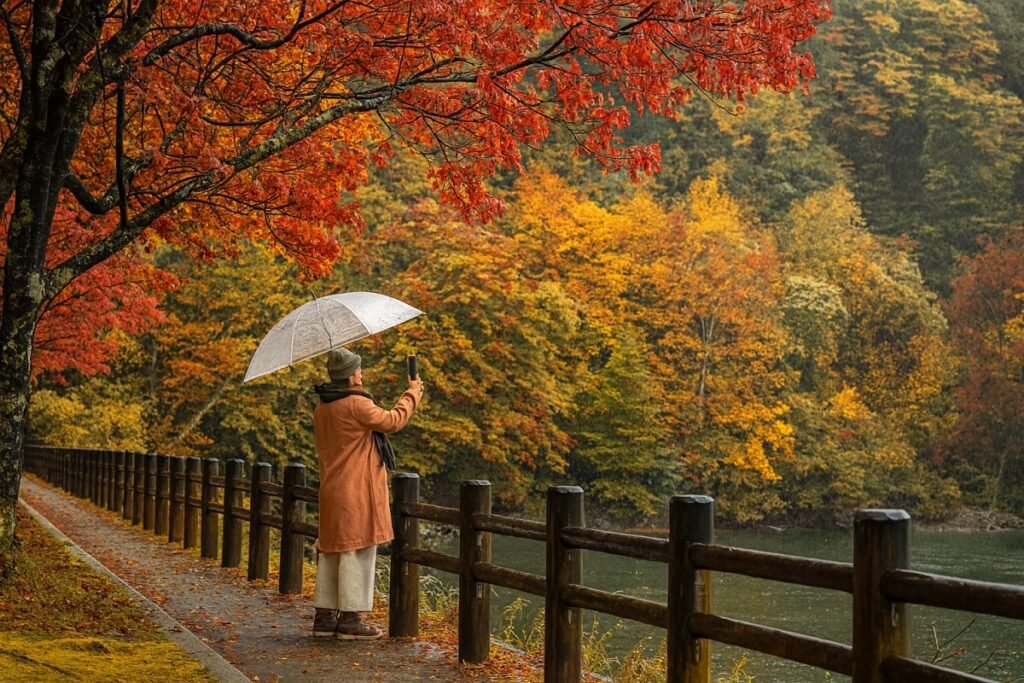 Жена с прозрачен чадър снима есенната гора край езеро; ярки червени, жълти и оранжеви листа покриват дърветата и алеята, създавайки живописен есенен пейзаж.
