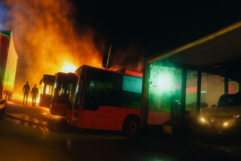 Пожар в автобусно депо през нощта с ярки пламъци и силно осветени автобуси, заснети отстрани.