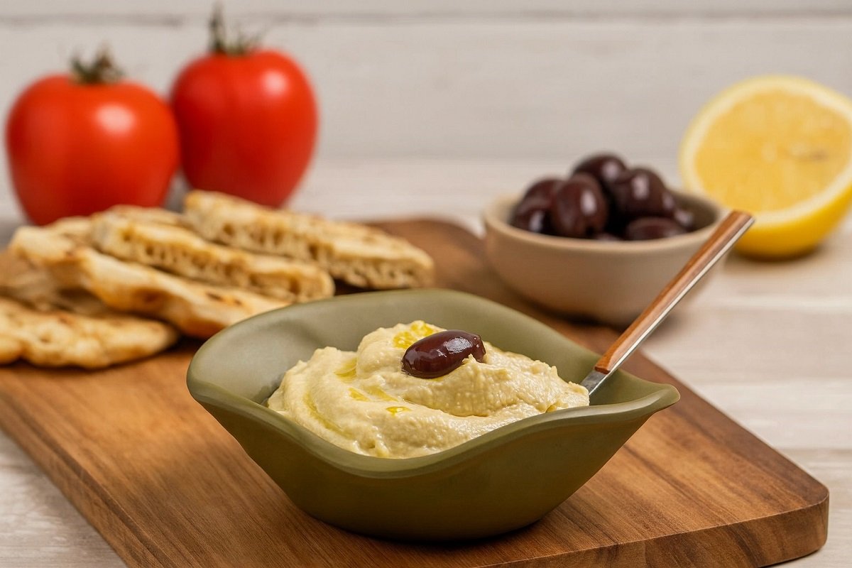 Купа с кремообразен средиземноморски дип, гарниран с маслина, поднесен върху дървена дъска с питки, домати, маслини и лимон на заден план.