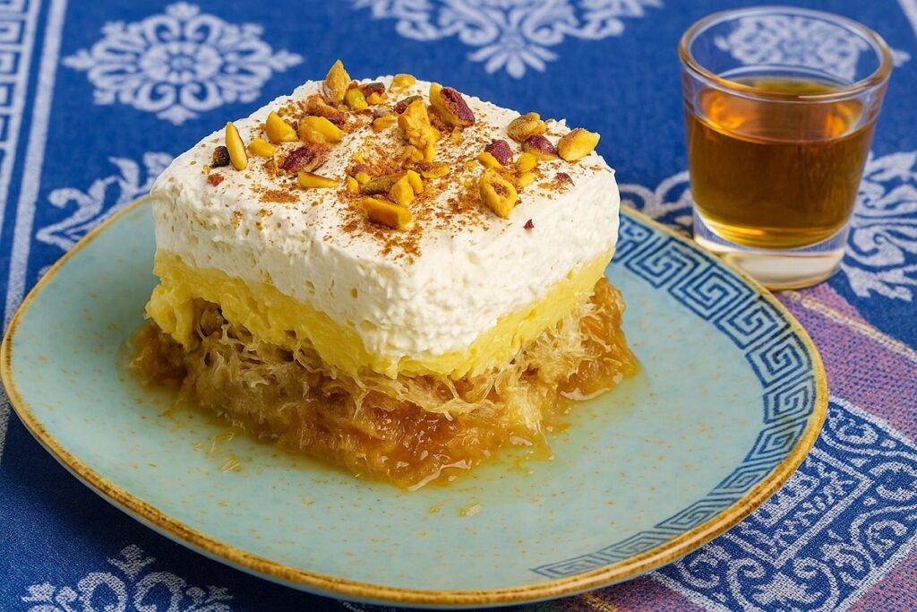 Парче гръцки десерт Екмек Кадаиф с крем, бита сметана и шамфъстък, поднесено върху чиния с гръцки орнаменти до чаша питие – автентичен средиземноморски вкус.