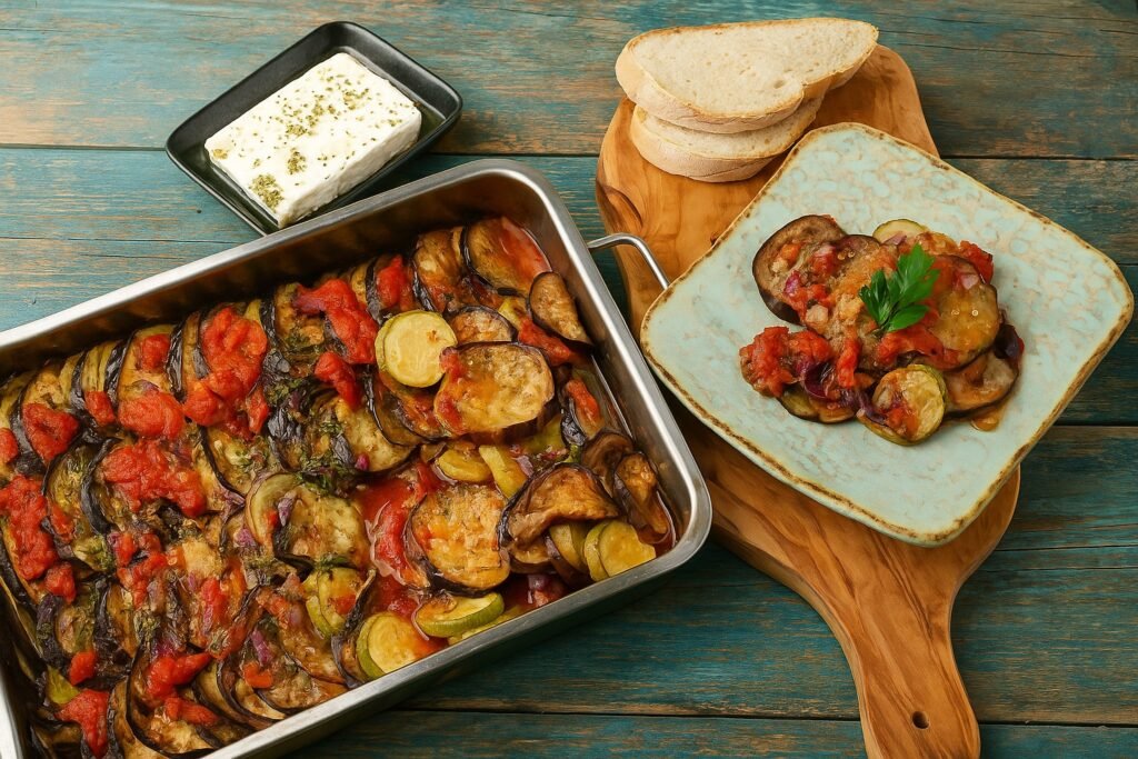 Традиционен гръцки Бриам – печено ястие със зеленчуци, домати, тиквички и патладжани в зехтин, поднесено с фета сирене и хрупкав хляб върху дървена дъска в средиземноморски стил.