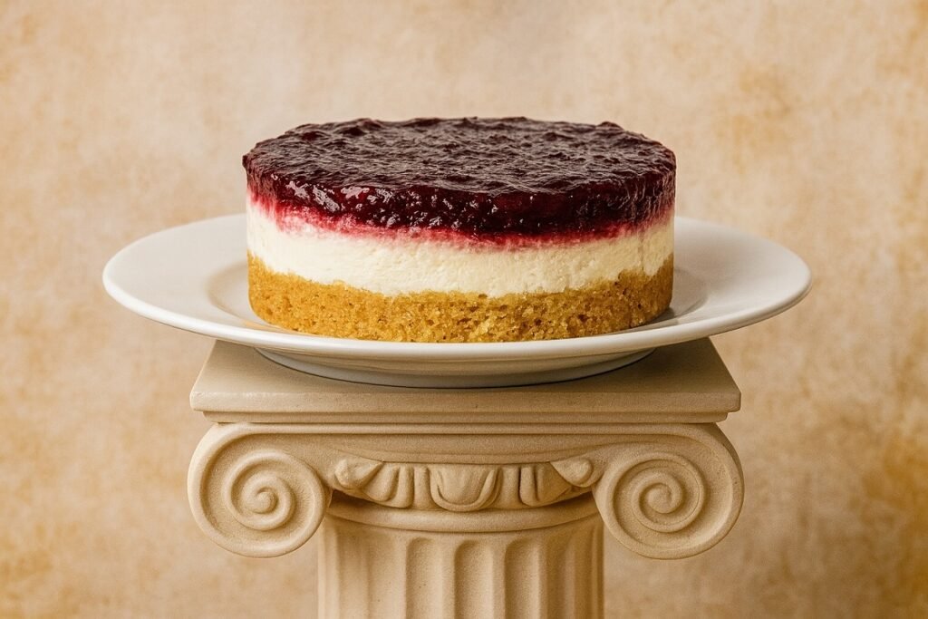 Чийзкейк без печене с плодов слой, поднесен върху бяла чиния, поставена върху декоративна йонийска колона в гръцки стил.