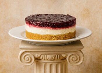 Чийзкейк без печене с плодов слой, поднесен върху бяла чиния, поставена върху декоративна йонийска колона в гръцки стил.