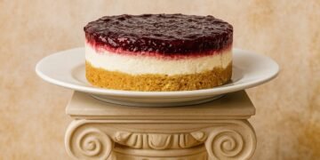 Чийзкейк без печене с плодов слой, поднесен върху бяла чиния, поставена върху декоративна йонийска колона в гръцки стил.