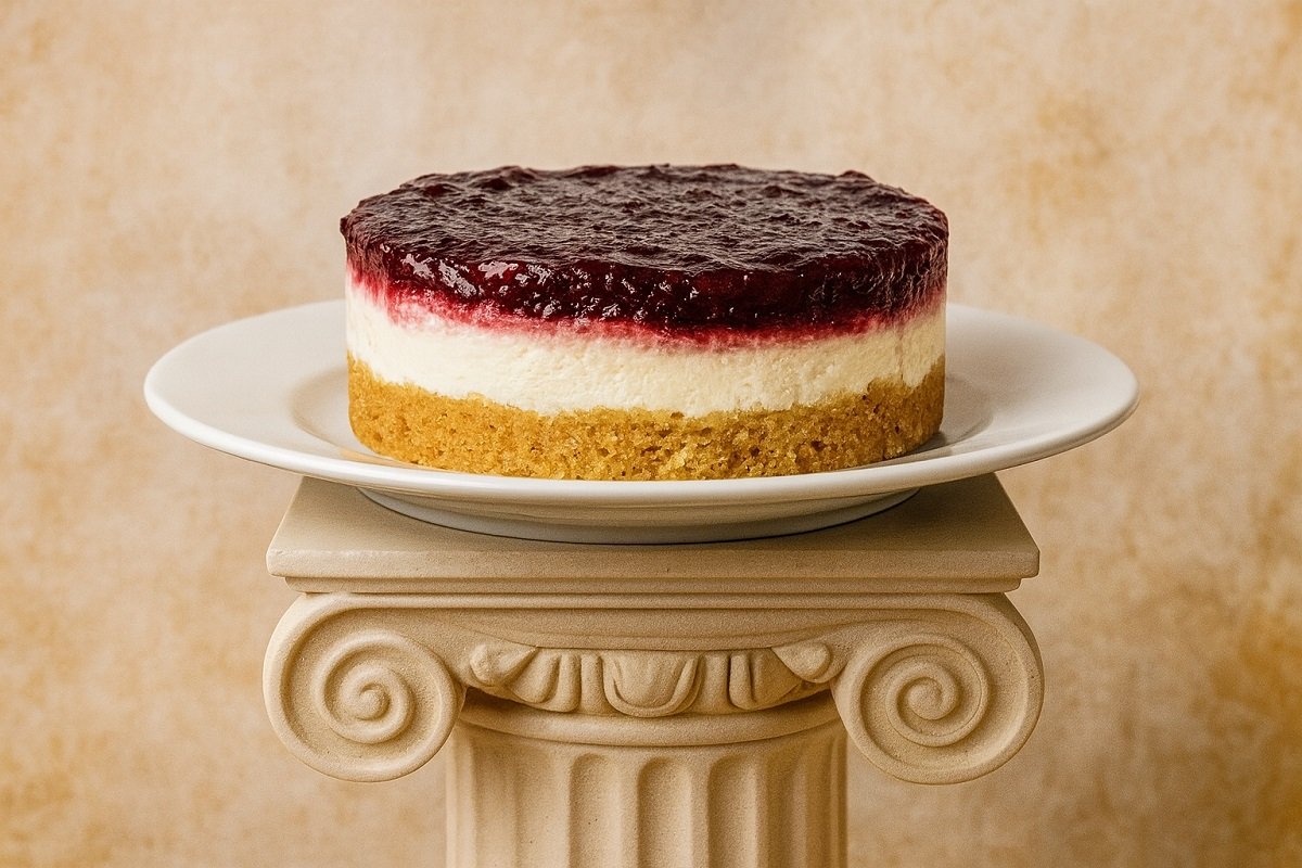 Чийзкейк без печене с плодов слой, поднесен върху бяла чиния, поставена върху декоративна йонийска колона в гръцки стил.