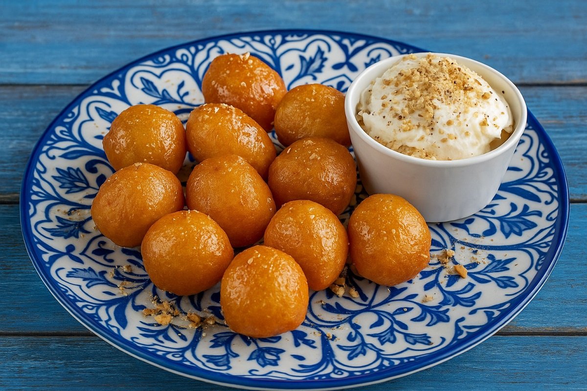 Традиционен гръцки десерт лукумадес – златисти медени понички, поднесени върху бяла чиния, поръсени с орехи и канела, върху светъл дървен плот с гръцки синьо-бели елементи.