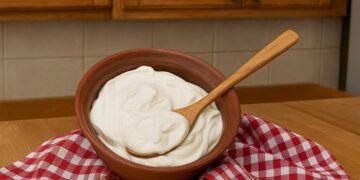 Купа с гъсто домашно гръцко кисело мляко и дървена лъжица върху дървена кухненска повърхност.