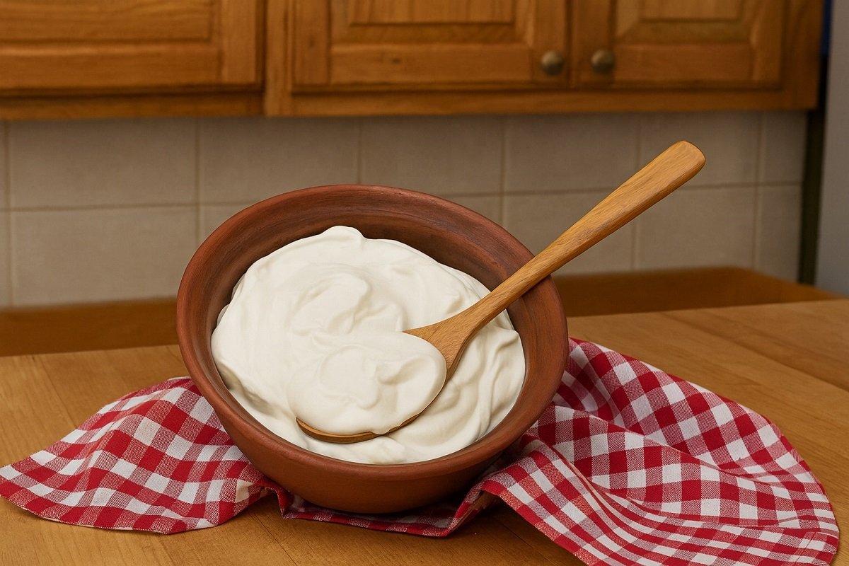 Купа с гъсто домашно гръцко кисело мляко и дървена лъжица върху дървена кухненска повърхност.