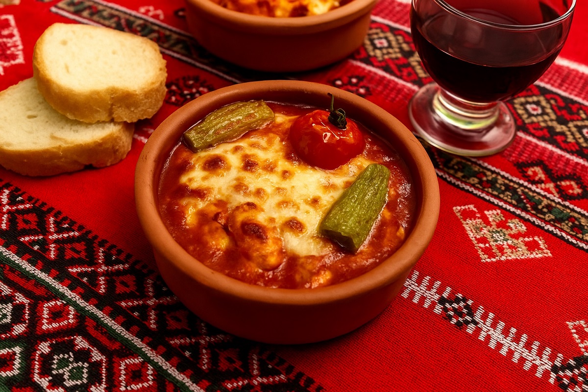 Традиционно българско ястие, поднесено в глинени купички с разтопен кашкавал, зеленчуци и доматен сос, върху дървена маса с български орнаменти и чаша червено вино до тях.