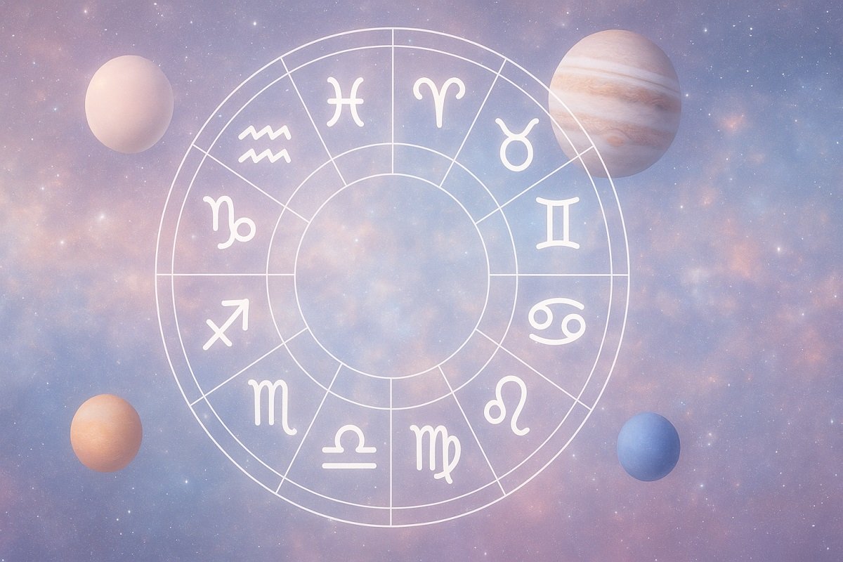 Астрологично изображение с кръг на зодиакалните знаци върху пастелен космически фон и планети около него.