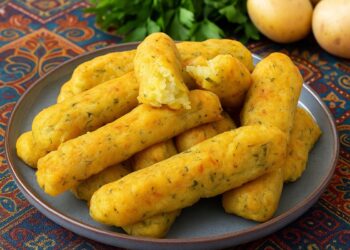 Чиния с хрупкави изпечени картофени пръчици, поднесени върху дървена маса с ориенталски орнаменти и свеж магданоз на заден план – вдъхновена от турската кухня закуска.