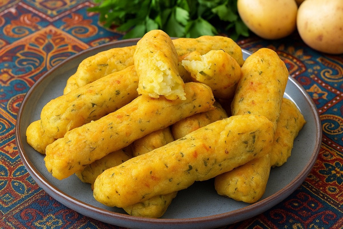 Чиния с хрупкави изпечени картофени пръчици, поднесени върху дървена маса с ориенталски орнаменти и свеж магданоз на заден план – вдъхновена от турската кухня закуска.