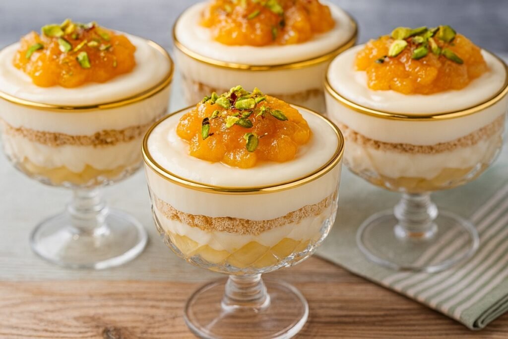 Крушов мус с бял шоколад, поднесен в стъклени чаши на зимен фон – кремообразни слоеве от круши, бисквити и бял шоколадов крем.