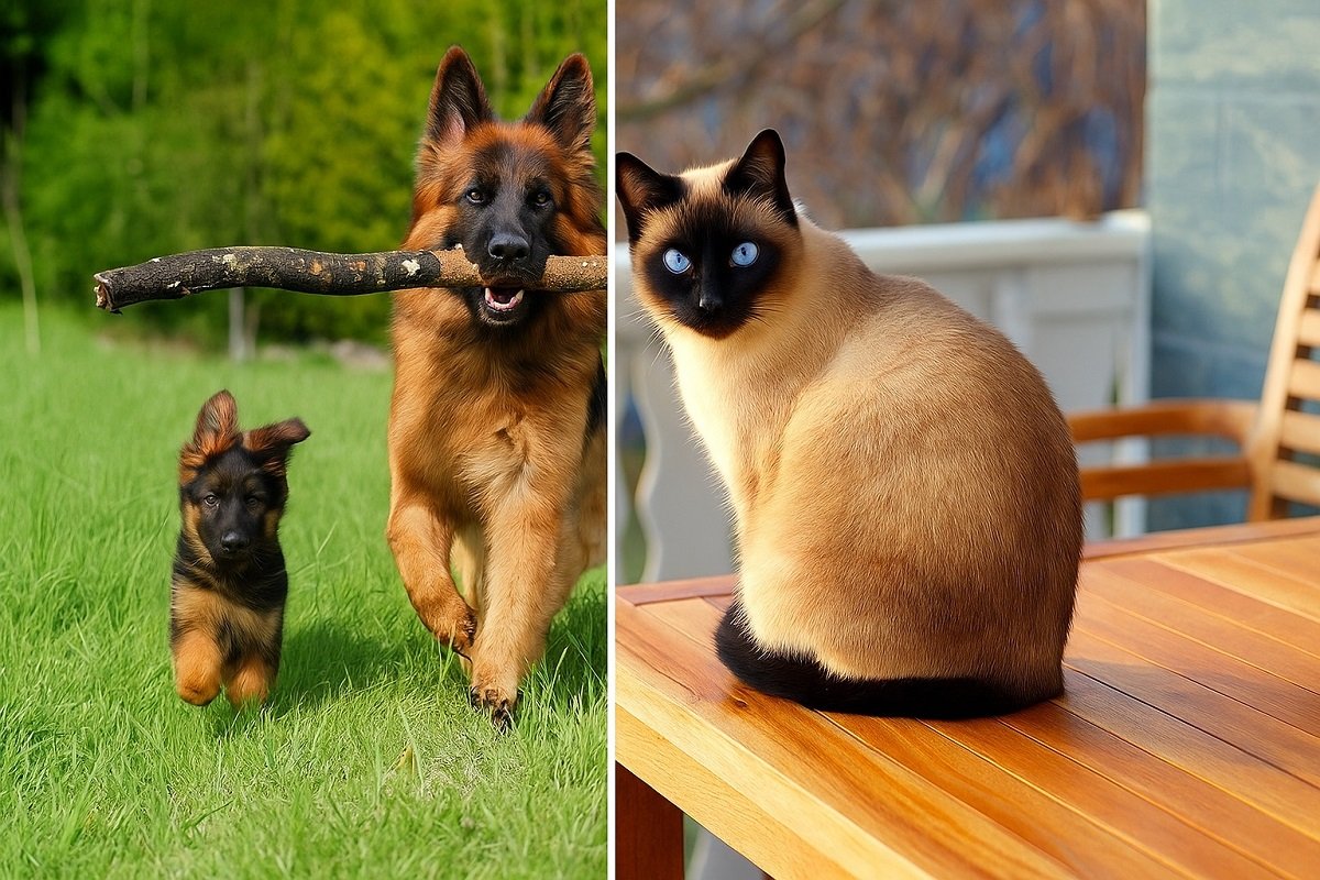 Колаж с куче и котка – немска овчарка тича с пръчка, а сиамска котка наблюдава от дървена маса. Контрастен естествен фон, ярки цветове.