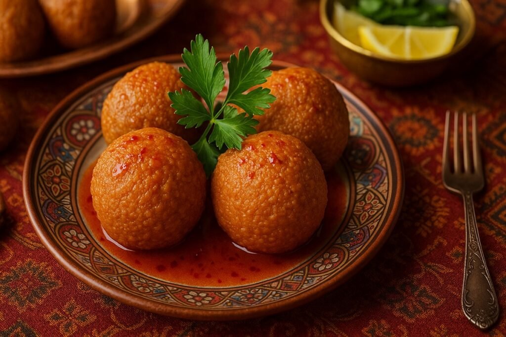 Аранжирана ориенталска чиния с четири златисти пълнени кюфтета, поднесени със сос и пресен магданоз върху шарена ориенталска покривка.