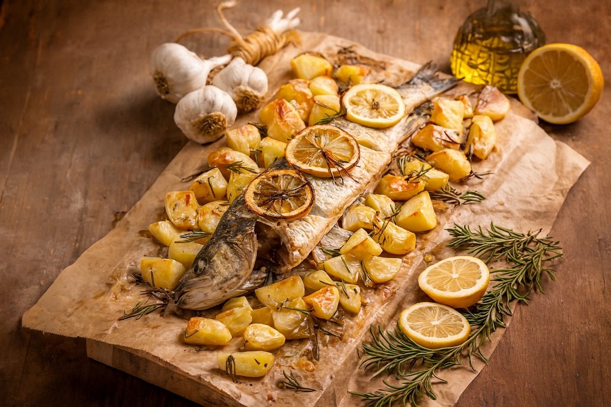 Лаврак на фурна с лимон, чесън и картофи, изпечен върху хартия и поднесен с розмарин