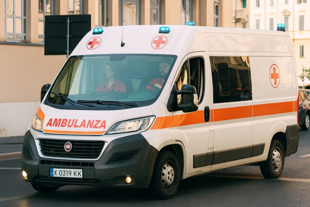 Българска бяла линейка в движение на градска улица, заснета отпред в хоризонтален кадър.