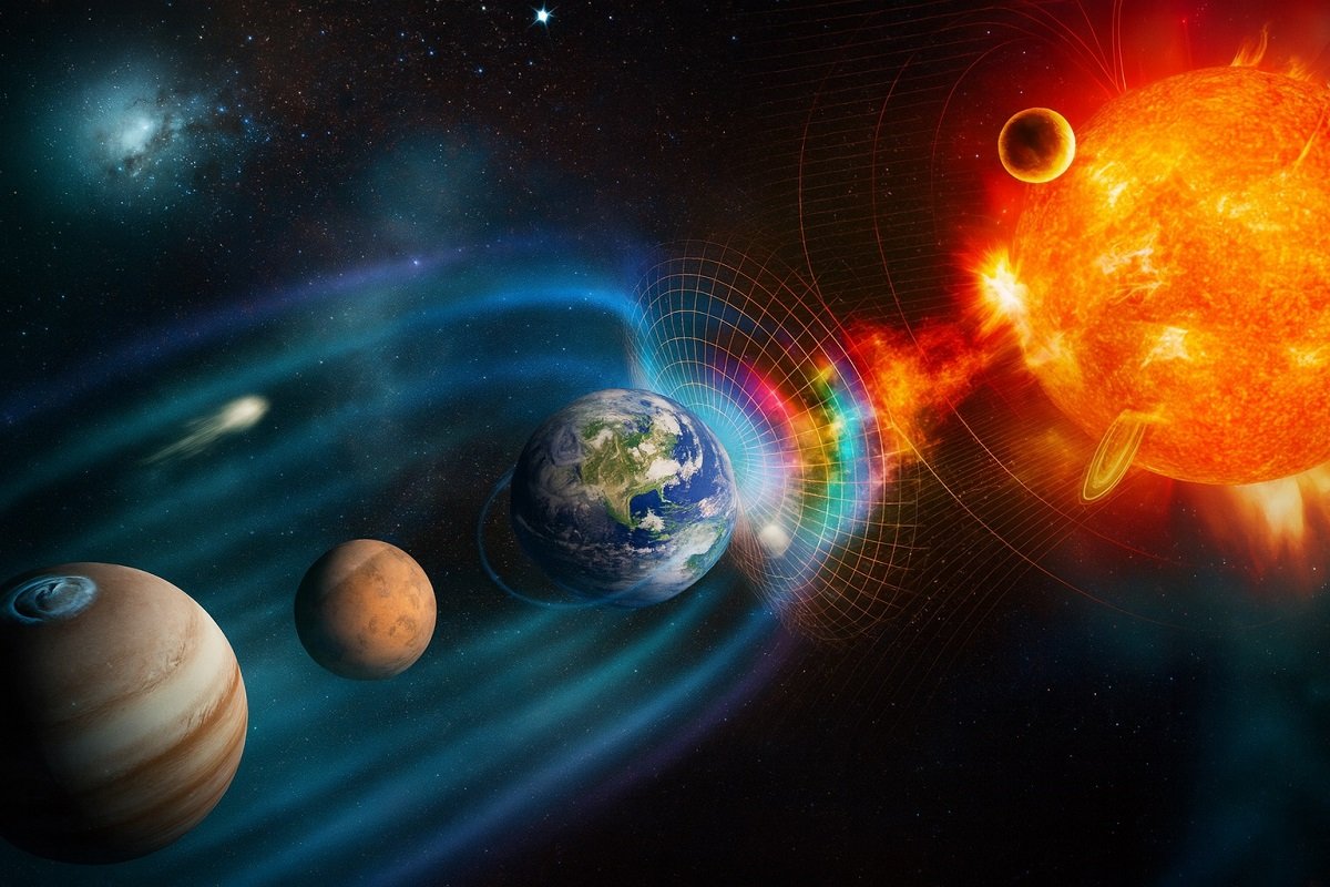 Слънчево изригване, което удря земното магнитно поле и предизвиква геомагнитна буря.