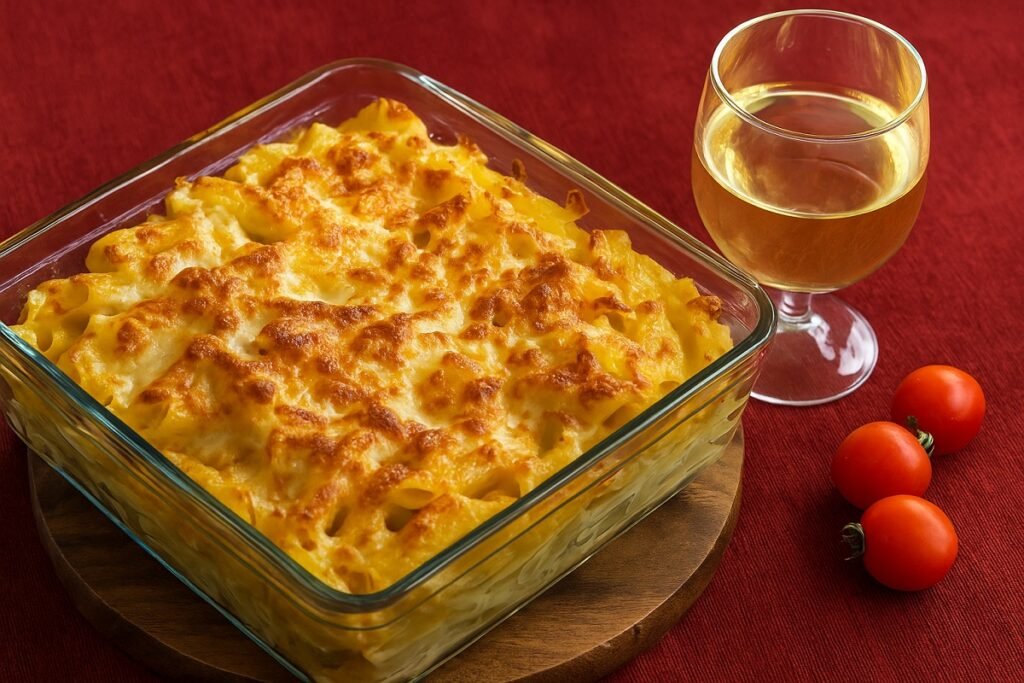 „Макарони на фурна с бешамелов сос и златиста коричка, поднесени с чаша бяло вино – домашно ястие в балкански стил“