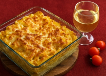 „Макарони на фурна с бешамелов сос и златиста коричка, поднесени с чаша бяло вино – домашно ястие в балкански стил“