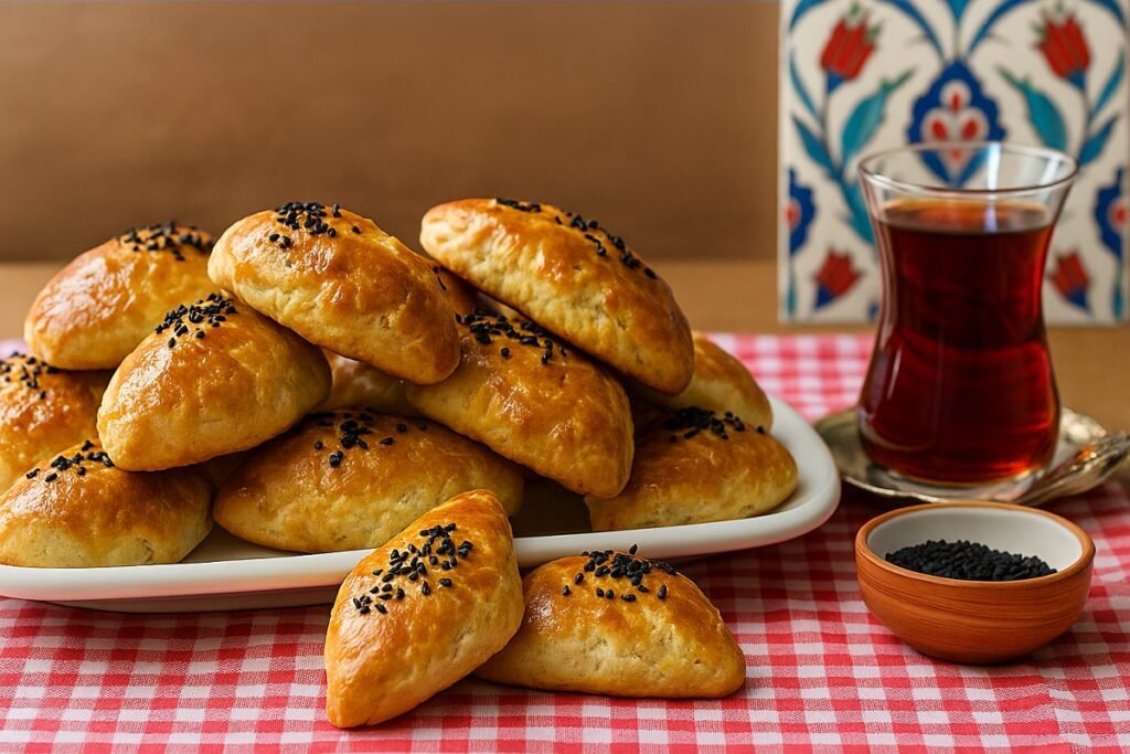 Пухкави златисти питки със зехтин, поръсени с черен кимион, подредени в чиния до чаша горещ чай върху червена покривка.