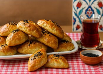 Пухкави златисти питки със зехтин, поръсени с черен кимион, подредени в чиния до чаша горещ чай върху червена покривка.