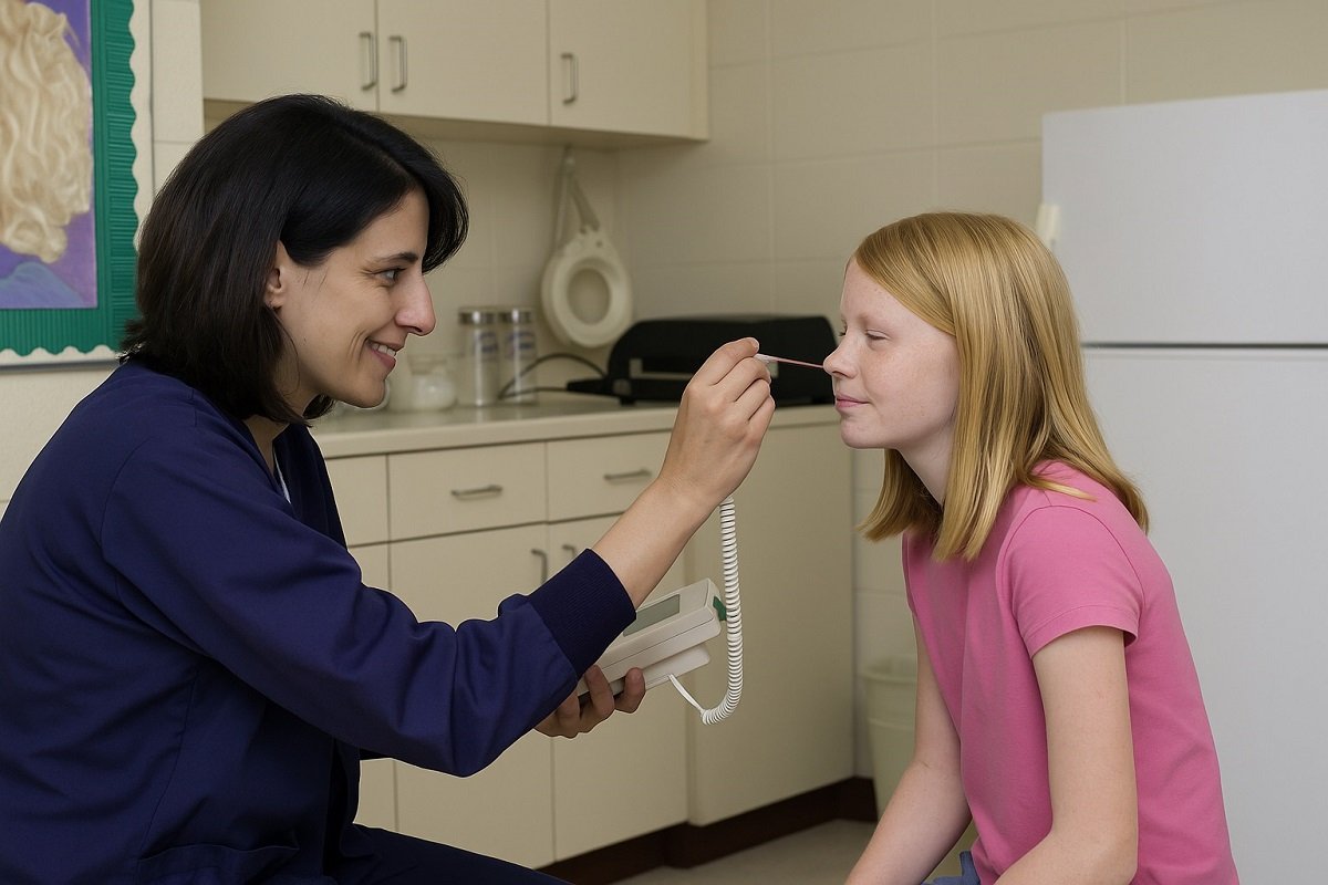 „Медицинска сестра преглежда дете в училищен здравен кабинет – грижа за здравето на учениците.“