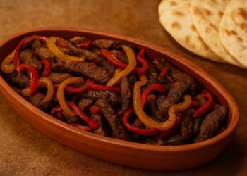 Ориенталско ястие с запържено телешко месо и цветни чушки, поднесено в глинен съд, със свежо изпечени тортили на заден план.