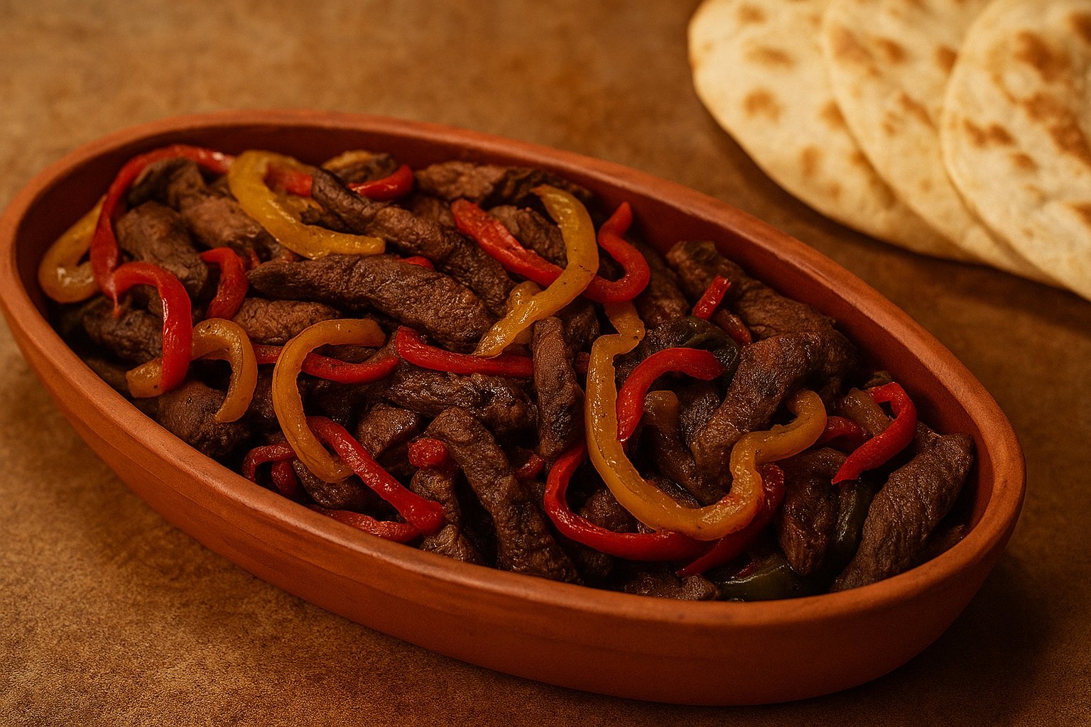 Ориенталско ястие с запържено телешко месо и цветни чушки, поднесено в глинен съд, със свежо изпечени тортили на заден план.