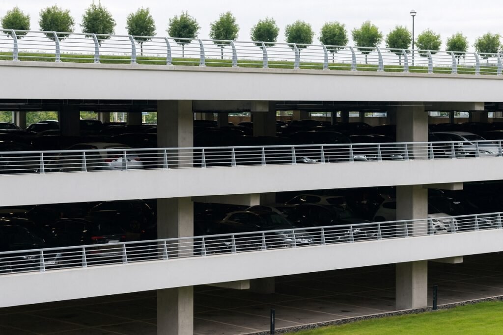Многоетажен паркинг с няколко нива, пълен с паркирани автомобили, заснет в дъждовно време.