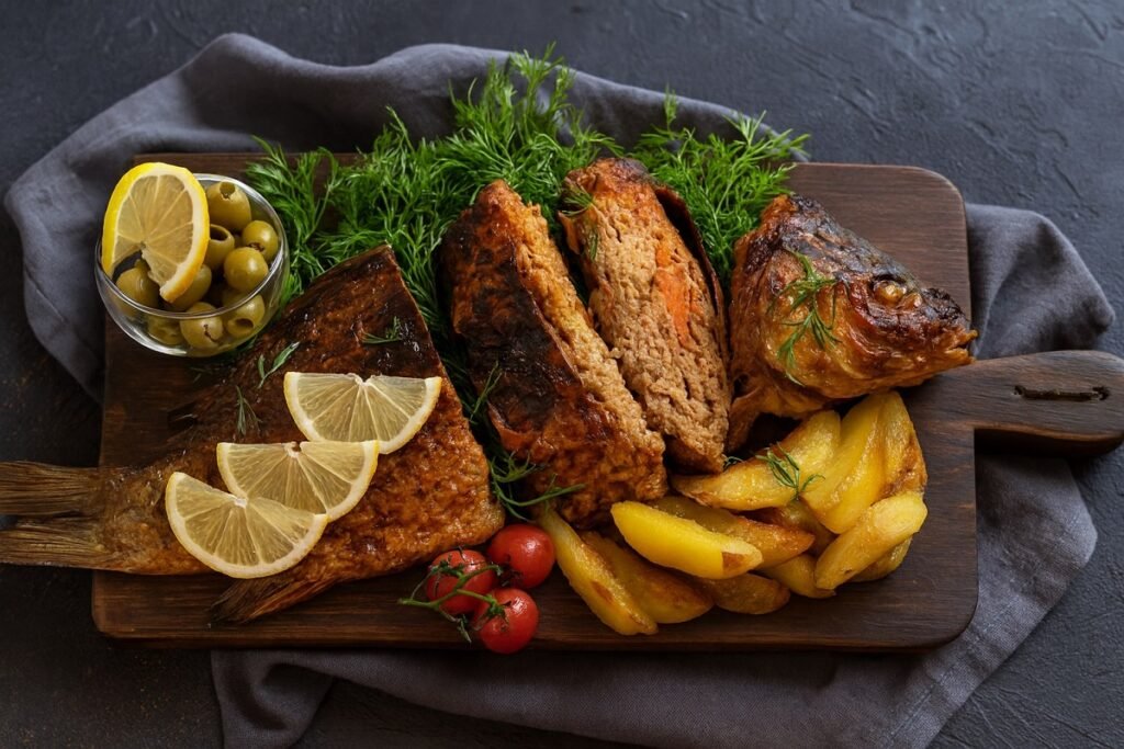 „Печен пълнен шаран за Никулден, поднесен с лимон, копър и картофи върху дървена дъска“