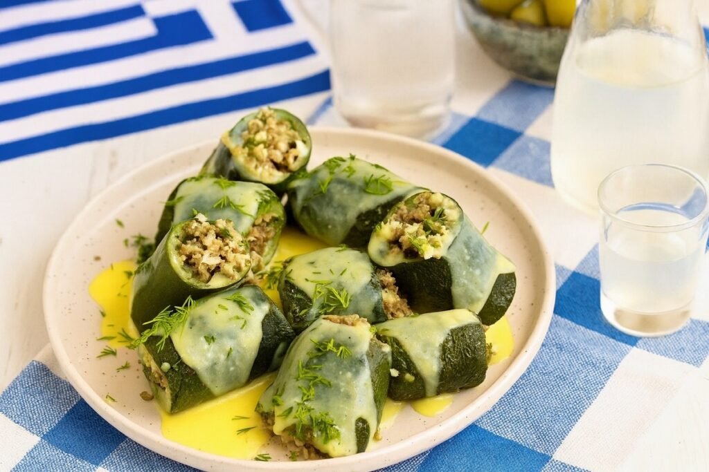 Пълнени тиквички в гръцки стил, поднесени с авголемоно сос върху синьо-бяла покривка, с узо и средиземноморски акценти.