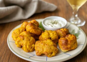 Златисто изпечени хапки от карфиол, поднесени в домашна атмосфера върху чиния с ароматен сос и чаша напитка на заден план.