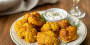 Златисто изпечени хапки от карфиол, поднесени в домашна атмосфера върху чиния с ароматен сос и чаша напитка на заден план.