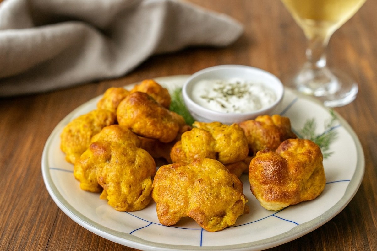 Златисто изпечени хапки от карфиол, поднесени в домашна атмосфера върху чиния с ароматен сос и чаша напитка на заден план.