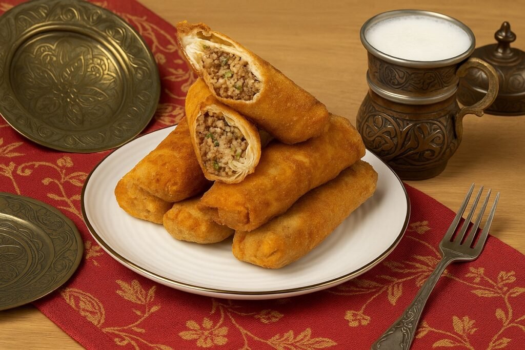 Панирани авджъ бюрек ролца, поднесени в чиния върху червена турска покривка, с меден съд с айрян и традиционни декоративни елементи на заден план.