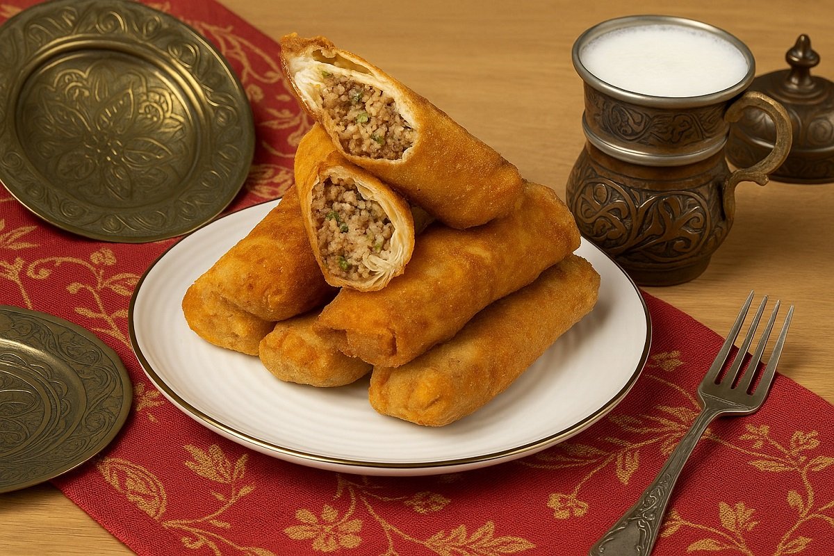 Панирани авджъ бюрек ролца, поднесени в чиния върху червена турска покривка, с меден съд с айрян и традиционни декоративни елементи на заден план.